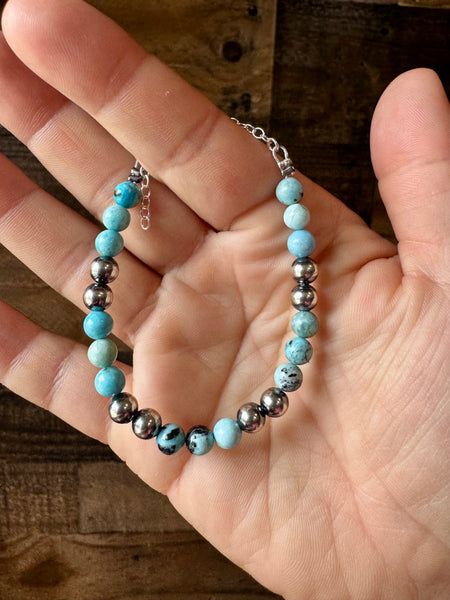 6 mm Sterling Silver Pearls with Blue Opal || Bracelet