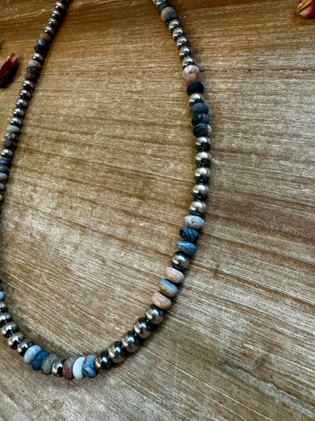 6 mm Sterling Silver Pearls with Black Picasso Jasper Beads 18 inch || Necklace