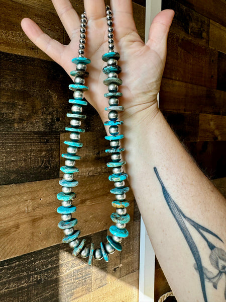6 mm & 10 mm Sterling Silver Pearls and Turquoise 20 inch || Necklace