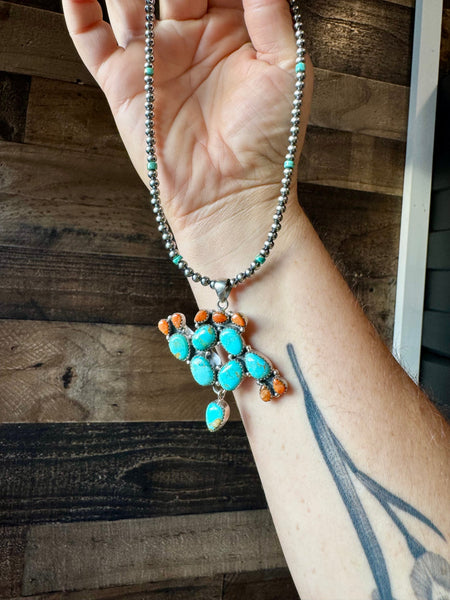 Sterling Silver with Turquoise & Coral Cactus || Pendant