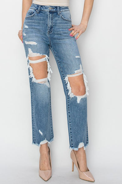 RISEN || High Rise Distressed Crop Straight Jeans