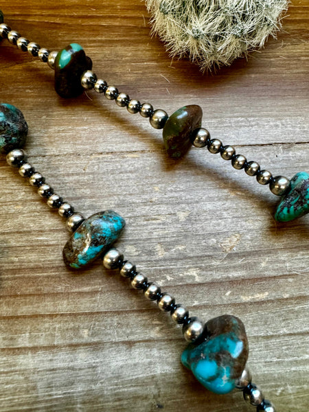 Chunky Turquoise with Sterling Silver Pearls 31 inch || Necklace