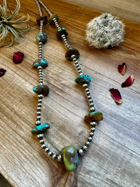 Chunky Turquoise with Sterling Silver Pearls 31 inch || Necklace