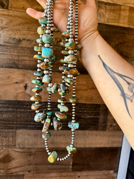 Chunky Turquoise with Sterling Silver Pearls 31 inch || Necklace