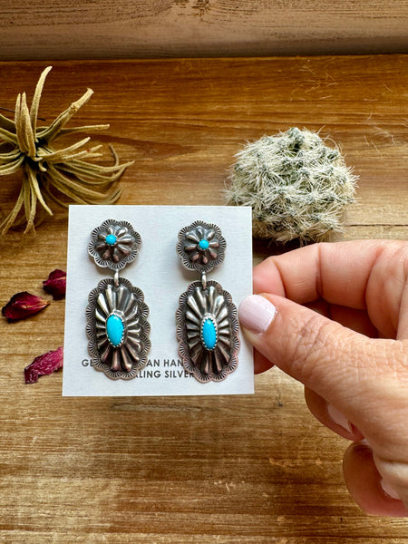 Long Sterling Silver with Turquoise || Stud Dangle Earrings