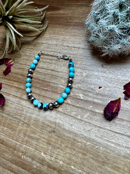 6 mm Sterling Silver Pearls with Blue Opal || Bracelet