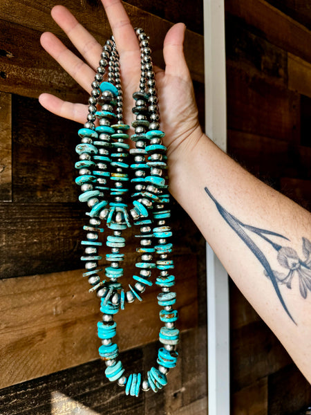 6 mm & 10 mm Sterling Silver Pearls and Turquoise 20 inch || Necklace