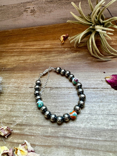 8 mm Sterling Silver Pearls with Mohave Beads || Bracelet