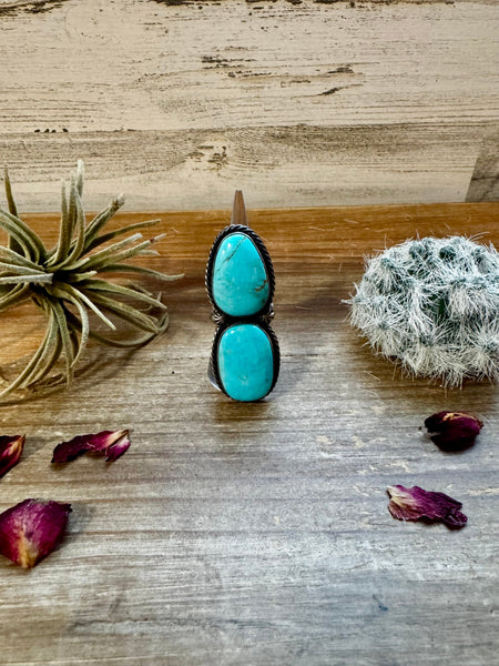 2 Stone Kingman Turquoise and Sterling Silver || Adjustable Ring