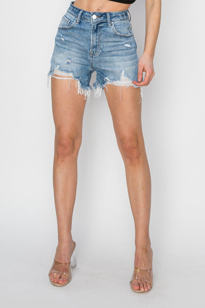 RISEN || High Rise Frayed Hem Denim Shorts