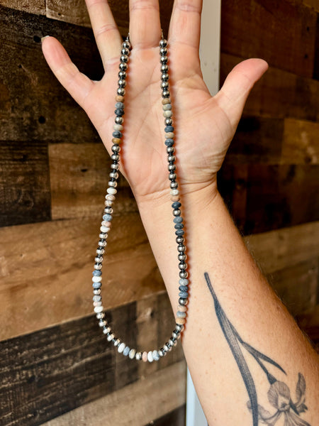 6 mm Sterling Silver Pearls with Black Picasso Jasper Beads 18 inch || Necklace