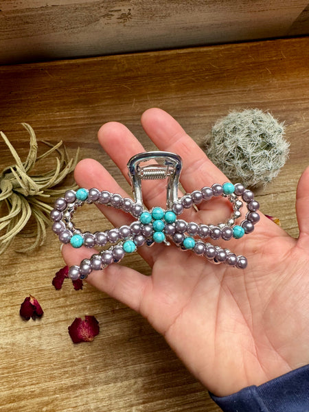 Pearl and Turquoise Magnesite Bead Bow || Claw Clips