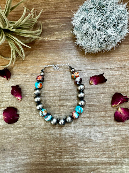10 mm Sterling Silver Pearls with Mohave Beads || Bracelet