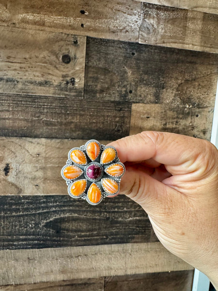 Orange and Purple Spiny Cluster and Sterling Silver || Adjustable Ring