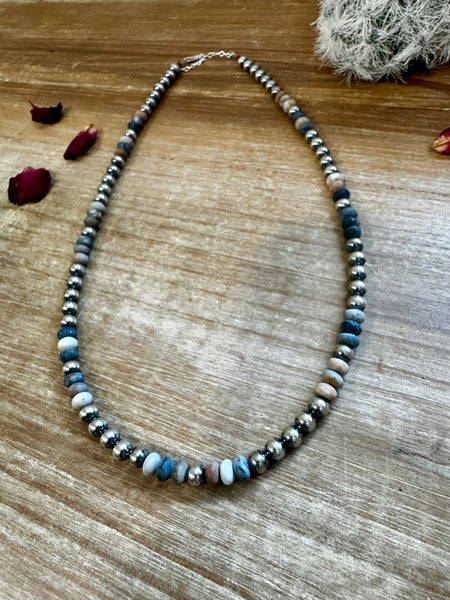 6 mm Sterling Silver Pearls with Black Picasso Jasper Beads 18 inch || Necklace