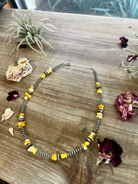 3 mm Sterling Silver Pearls with Yellow Amber 14 inch || Necklace