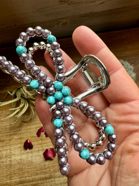 Pearl and Turquoise Magnesite Bead Bow || Claw Clips