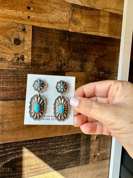 Long Sterling Silver with Turquoise || Stud Dangle Earrings