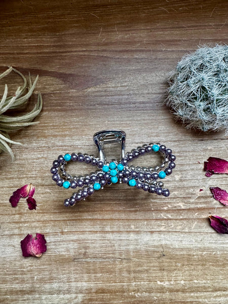 Pearl and Turquoise Magnesite Bead Bow || Claw Clips