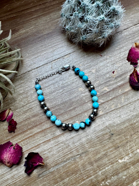 6 mm Sterling Silver Pearls with Blue Opal || Bracelet