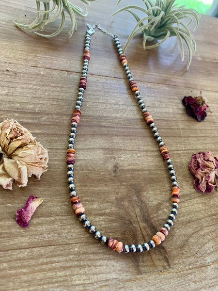 5 mm Sterling Silver Pearls with Orange/Red Spiny Rondelle 18 inch || Necklace