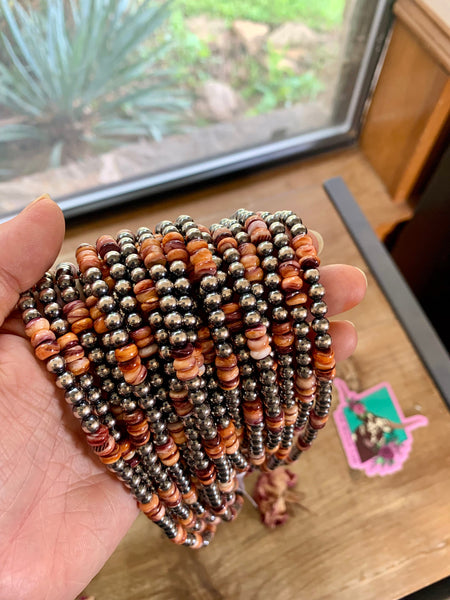 5 mm Sterling Silver Pearls with Orange/Red Spiny Rondelle 18 inch || Necklace