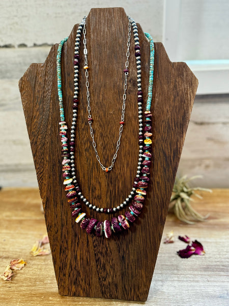 5 mm Sterling Silver Pearls with Purple Spiny Rondelle and Wampum Shell 18 inch || Necklace