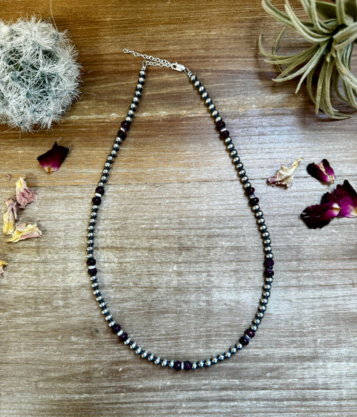 5 mm Sterling Silver Pearls with Purple Spiny Rondelle and Wampum Shell 18 inch || Necklace