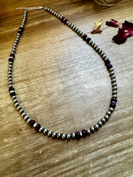 5 mm Sterling Silver Pearls with Purple Spiny Rondelle and Wampum Shell 18 inch || Necklace