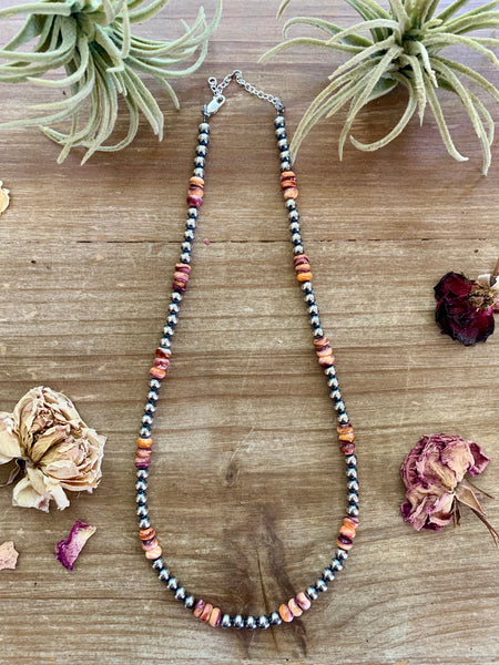 5 mm Sterling Silver Pearls with Orange/Red Spiny Rondelle 18 inch || Necklace