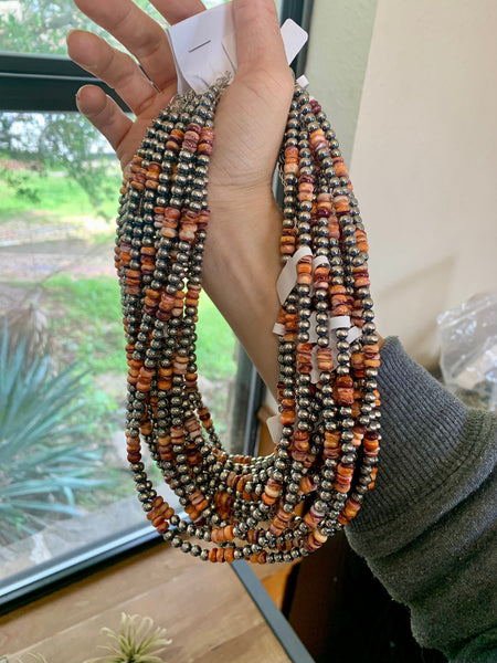 5 mm Sterling Silver Pearls with Orange/Red Spiny Rondelle 18 inch || Necklace