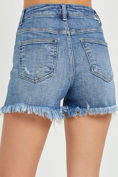 RISEN || High Rise Raw Hem Denim Shorts