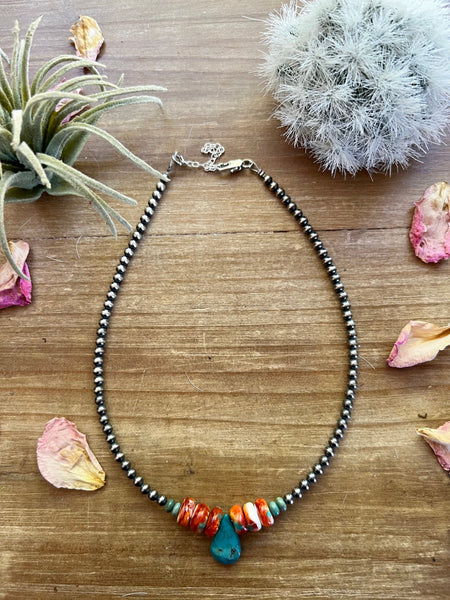 Turquoise and Spiny Oyster Teardrop 4mm Sterling Silver Pearls || Choker Necklace