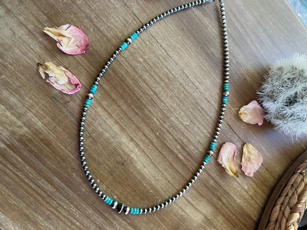 4 mm Sterling Silver Pearls and Turquoise 19 inch || Necklace
