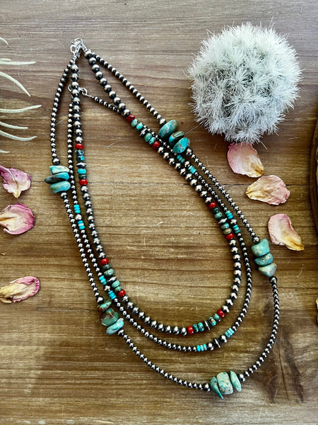 4 mm Sterling Silver Pearls and Turquoise 19 inch || Necklace