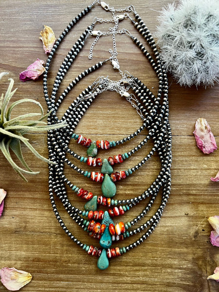 Turquoise and Spiny Oyster Teardrop 4mm Sterling Silver Pearls || Choker Necklace