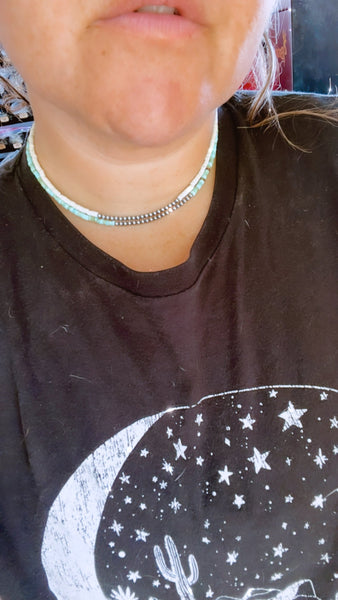 3 mm Sterling Silver Pearls with Magnesite Turquoise Heishi 14 inch || Choker Necklace