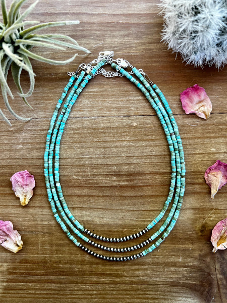3 mm Sterling Silver Pearls with Magnesite Turquoise Heishi 14 inch || Choker Necklace