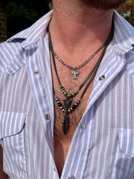 Men's Black Chain with Feather and Real Turquoise 25 inch || Necklace