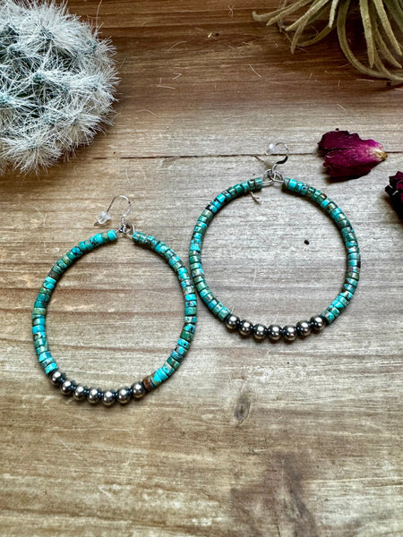 Big Turquoise with Sterling Silver Pearls || Hoop Earrings