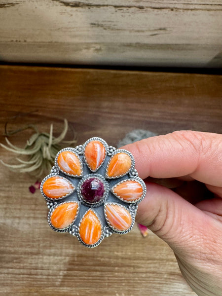 Orange and Purple Spiny Cluster and Sterling Silver || Adjustable Ring