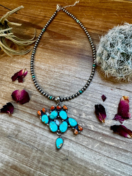 Sterling Silver with Turquoise & Coral Cactus || Pendant