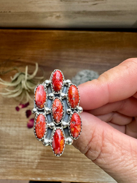 Red Spiny and Sterling Silver Cluster || Size 7 Ring