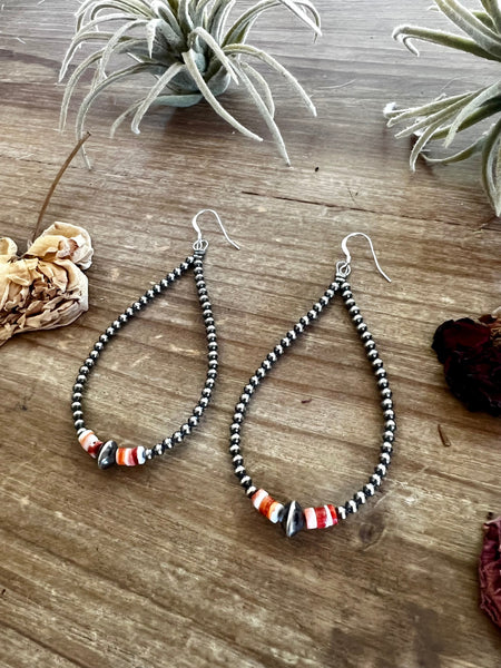 3 mm Teardrop Sterling Silver Pearls with Orange Spiny || Earrings