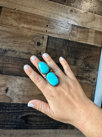 2 Stone Kingman Turquoise and Sterling Silver || Adjustable Ring