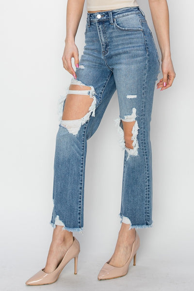 RISEN || High Rise Distressed Crop Straight Jeans