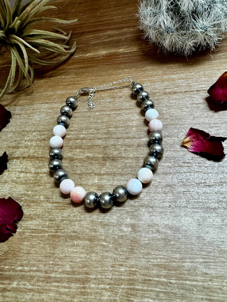 8 mm Sterling Silver Pearls with Pink Conch Beads || Bracelet