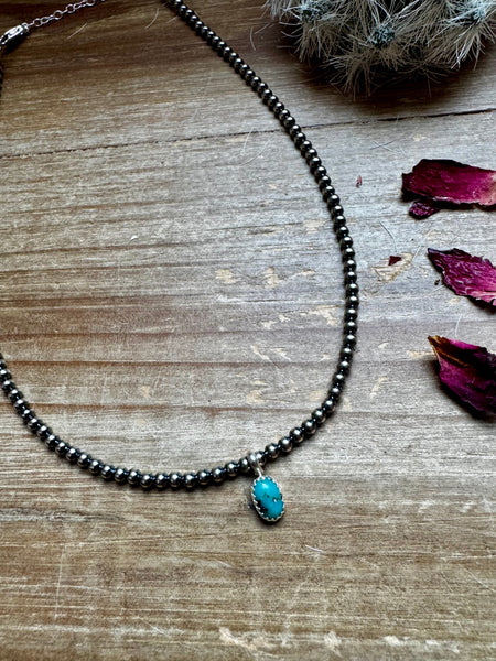 3 mm Sterling Silver Pearls and Kingman Turquoise Pendant || Choker Necklace