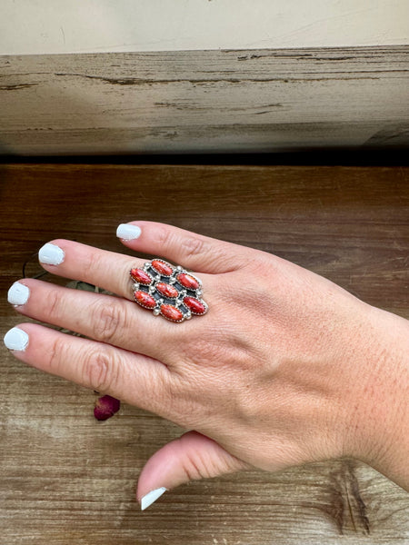 Red Spiny and Sterling Silver Cluster || Size 7 Ring