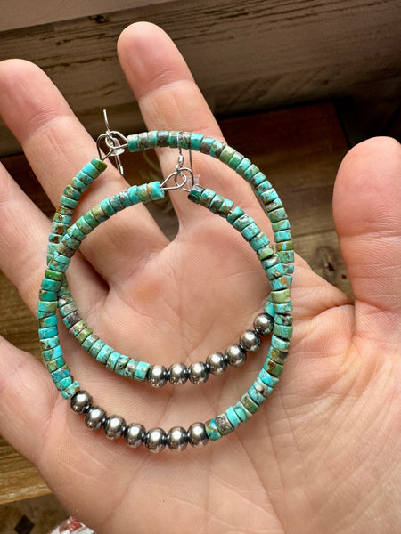 Big Turquoise with Sterling Silver Pearls || Hoop Earrings